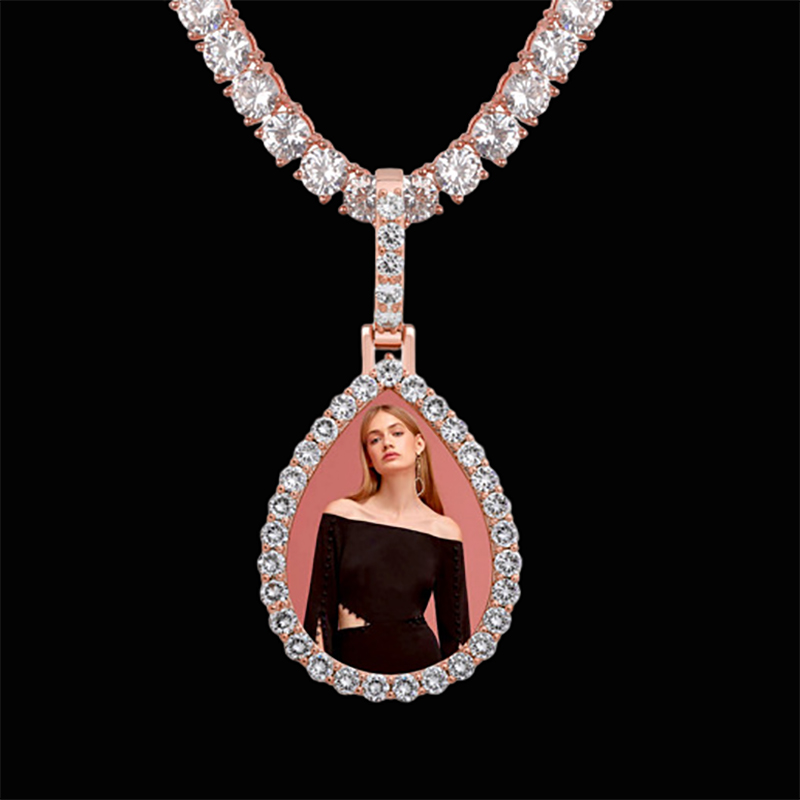  Iced Custom Drip Shaped Photo Pendant in Rose Gold