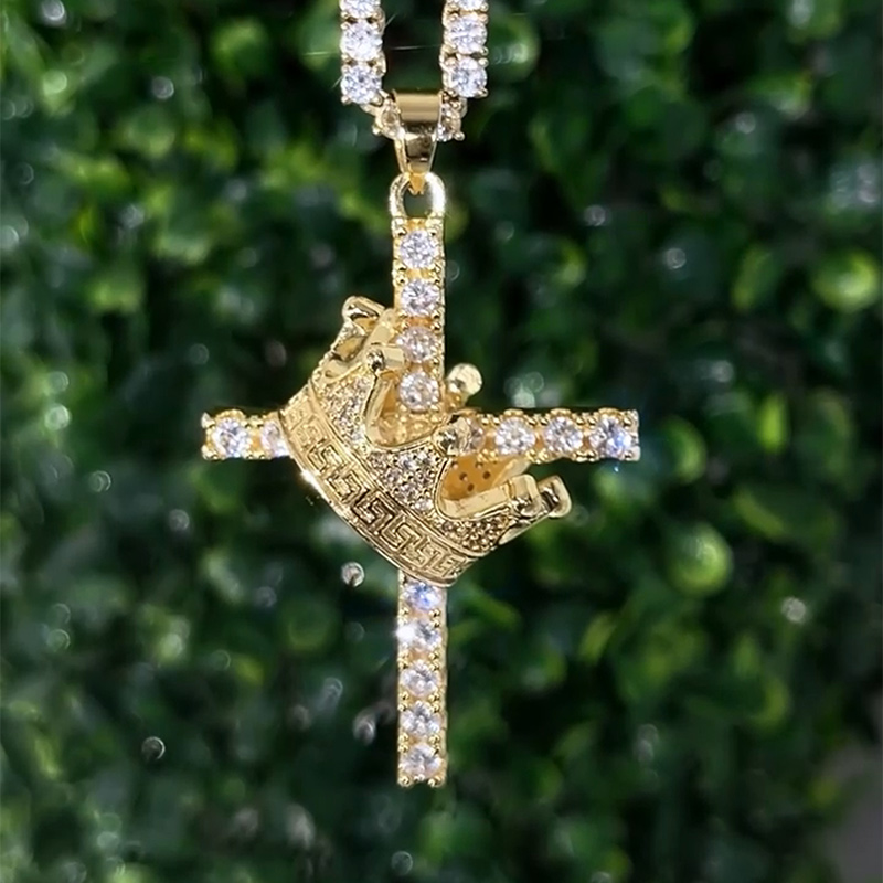 Diamond Cross King Crown Pendant in Gold