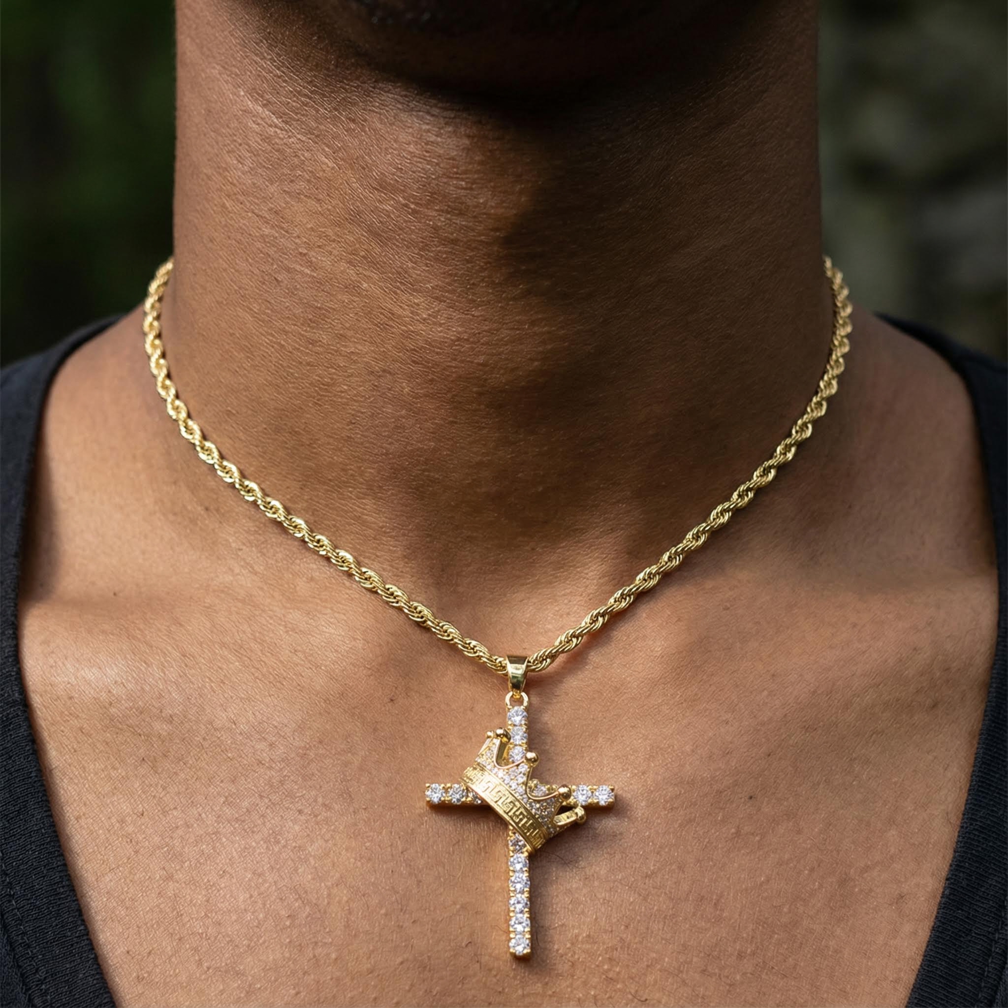 Diamond Cross King Crown Pendant in Gold