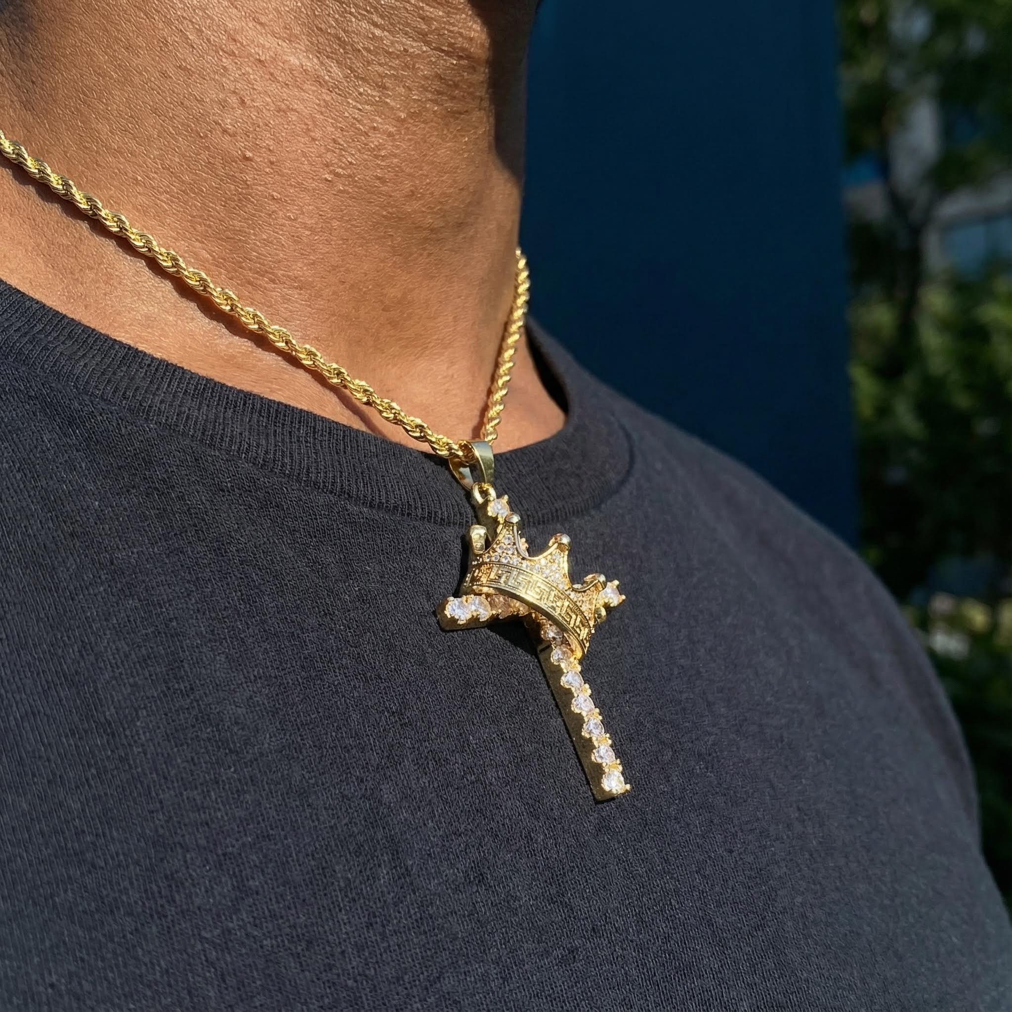 Diamond Cross King Crown Pendant in Gold