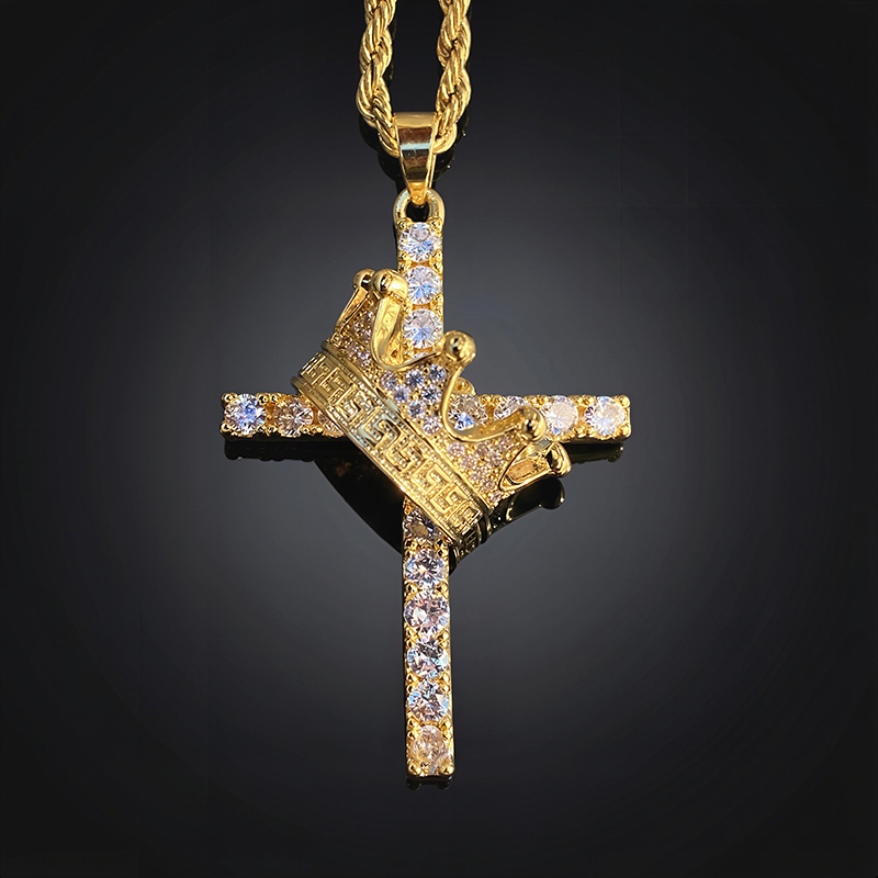Diamond Cross King Crown Pendant in Gold