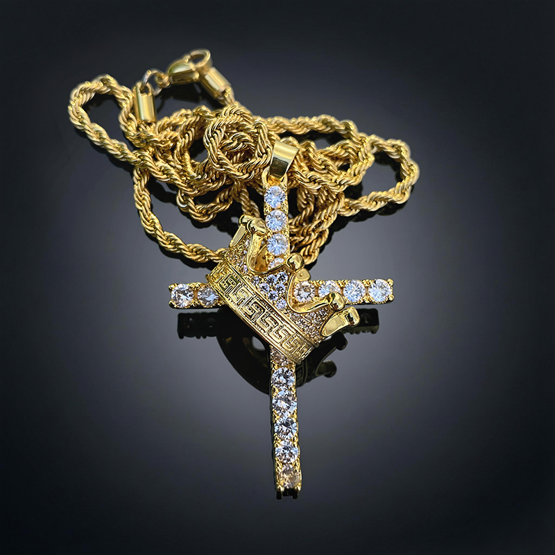 Diamond Cross King Crown Pendant in Gold