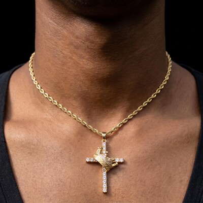 Diamond Cross King Crown Pendant in Gold