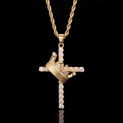 Diamond Cross King Crown Pendant in Gold