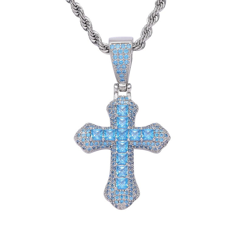 Iced Blue/Red Princess Cut Cross Pendant in White Gold