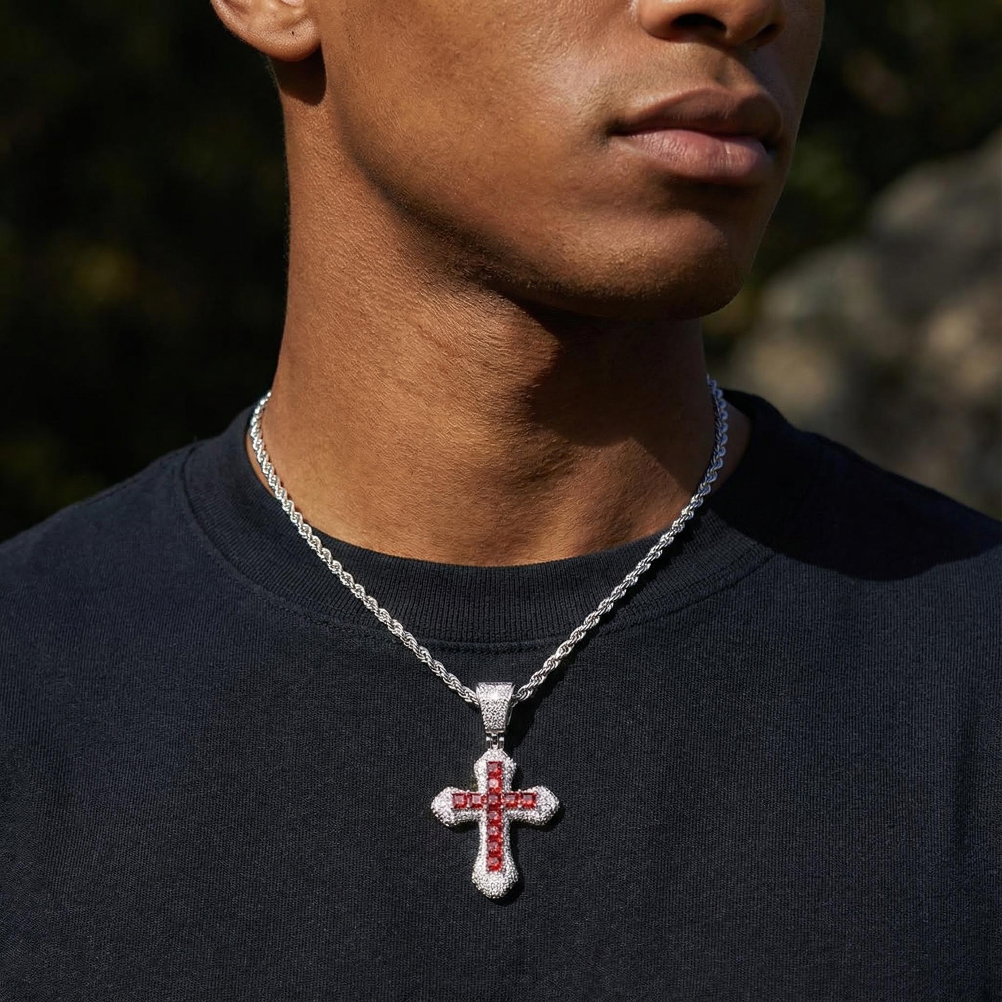 Iced Blue/Red Princess Cut Cross Pendant in White Gold