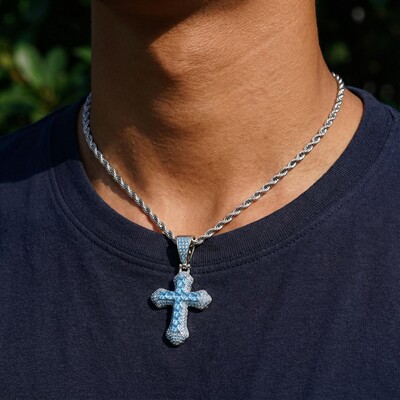 Iced Blue/Red Princess Cut Cross Pendant in White Gold