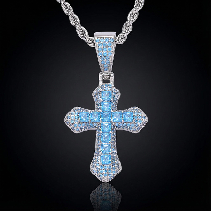 Iced Blue/Red Princess Cut Cross Pendant in White Gold