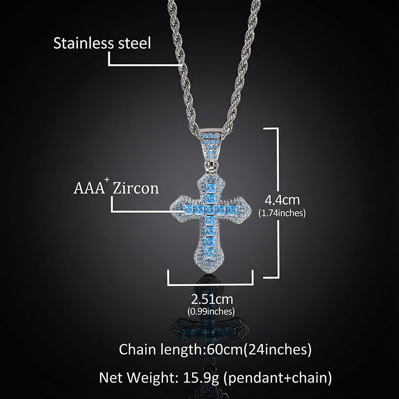 Iced Blue/Red Princess Cut Cross Pendant in White Gold