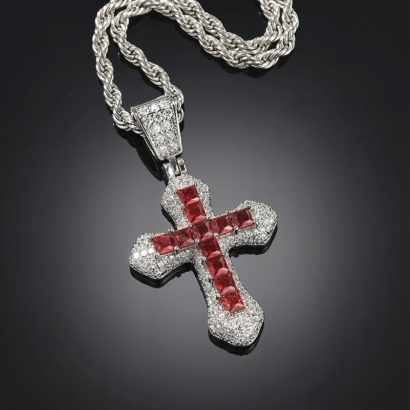 Iced Blue/Red Princess Cut Cross Pendant in White Gold