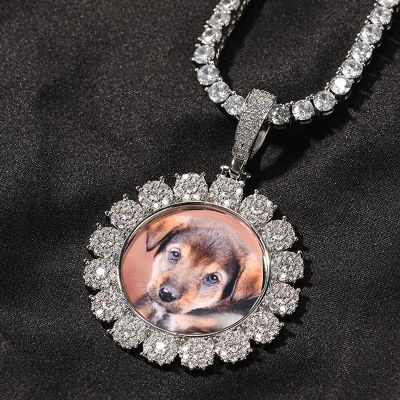 Iced Custom Round Shape Photo Pendant in White Gold