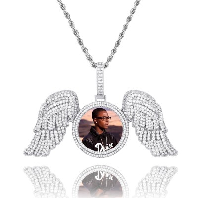 Iced Custom Wings Photo Pendant in White Gold
