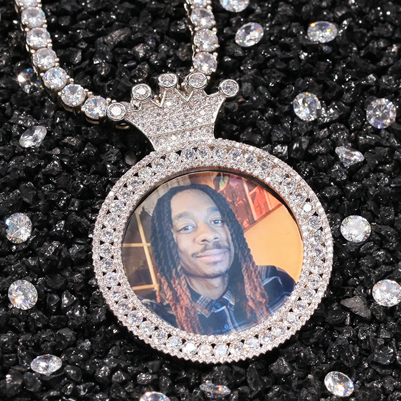 Iced Custom Crown Photo Pendant in White Gold