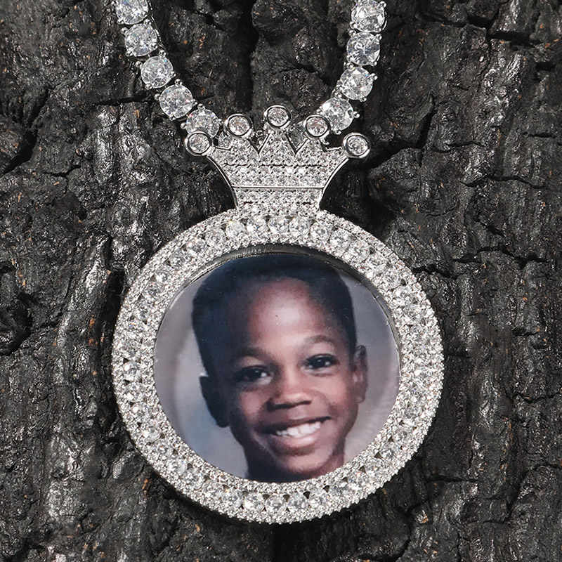 Iced Custom Crown Photo Pendant in White Gold