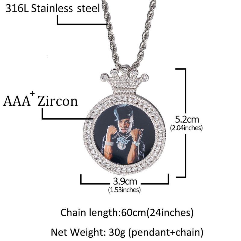 Iced Custom Crown Photo Pendant in White Gold