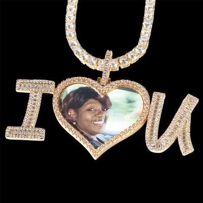  Iced Custom I Love U Baguette Cut Heart Photo Pendant in Gold