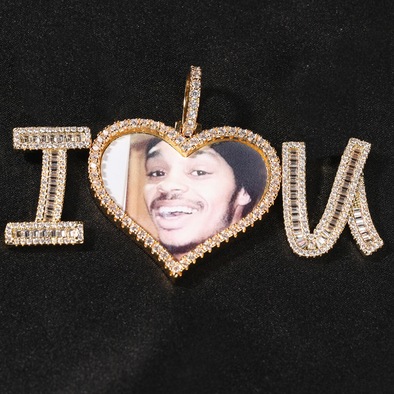  Iced Custom I Love U Baguette Cut Heart Photo Pendant in Gold