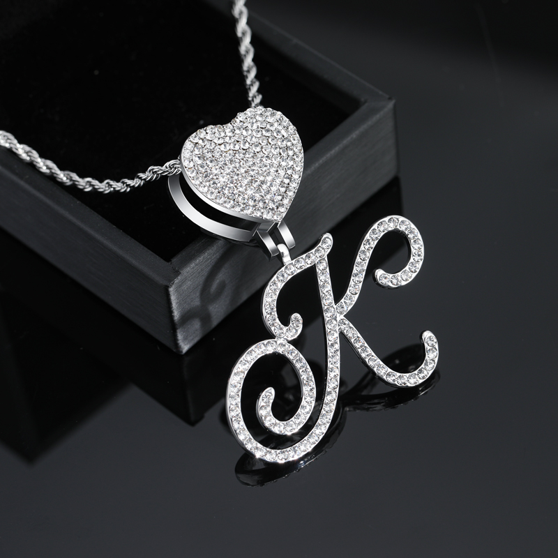 Iced Love Buckle Cursive Initial Letter Pendant in White Gold