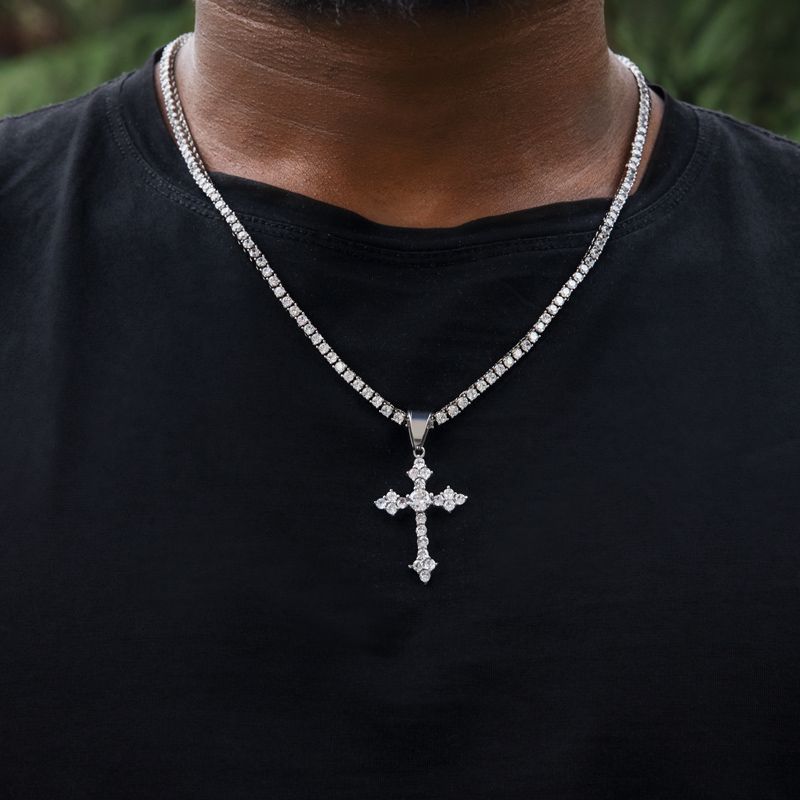 Iced Round Cut Stones Cross Pendant in White Gold