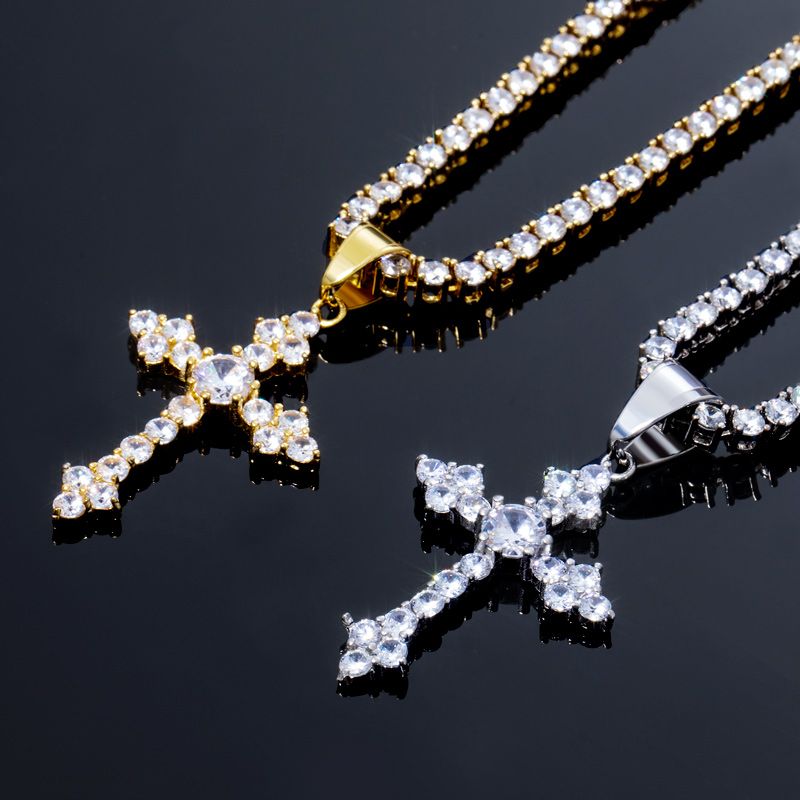 Iced Round Cut Stones Cross Pendant in White Gold Iced Round Cut Stones Cross Pendant in White Gold