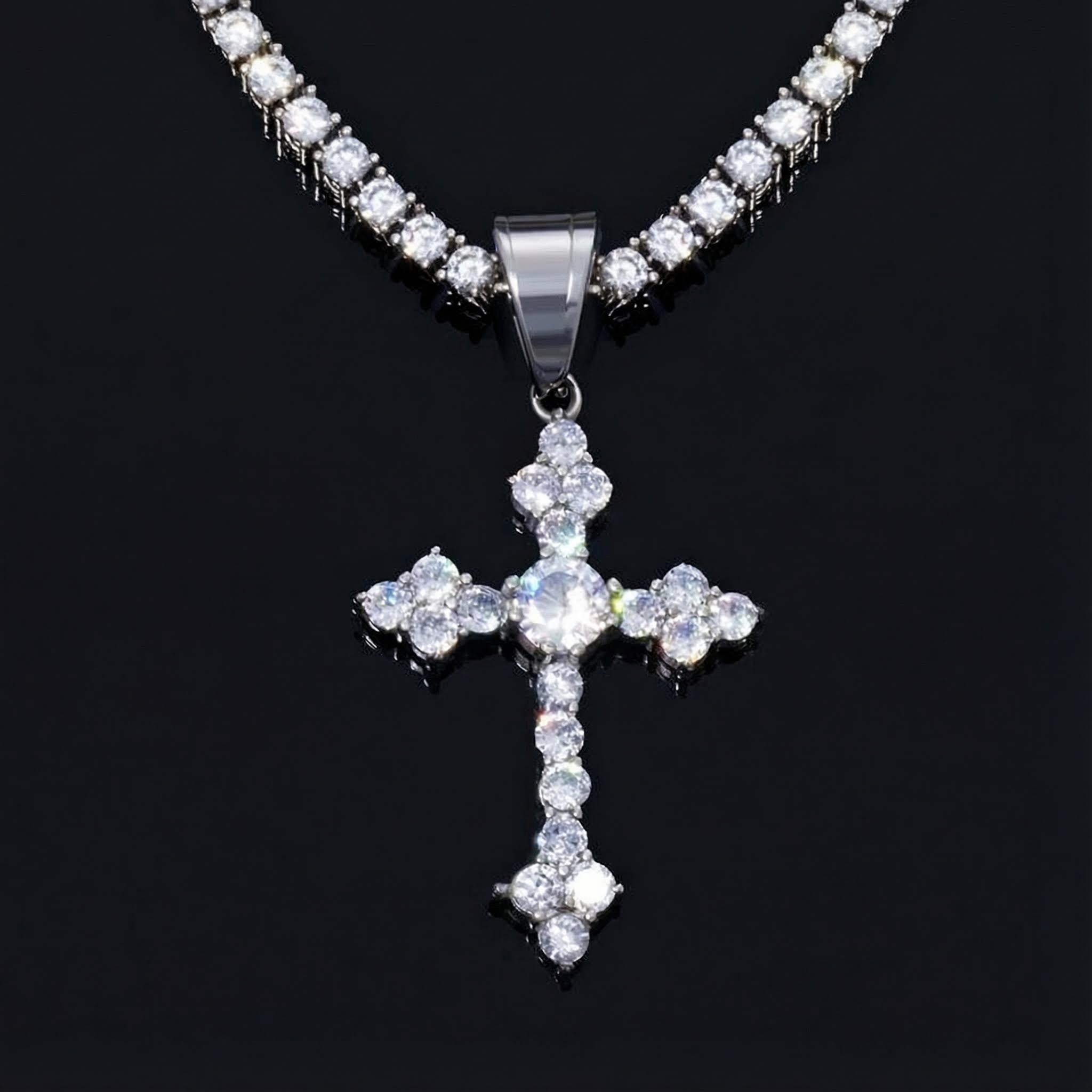 Iced Round Cut Stones Cross Pendant in White Gold