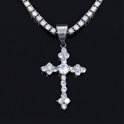 Iced Round Cut Stones Cross Pendant in White Gold
