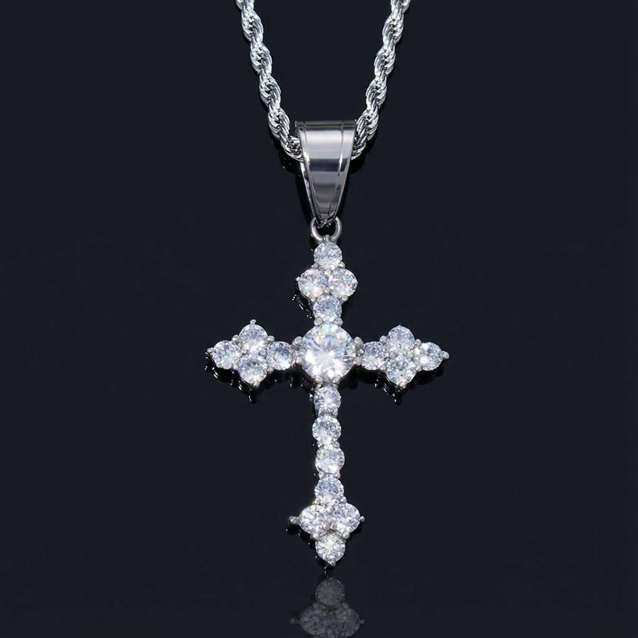 Iced Round Cut Stones Cross Pendant in White Gold