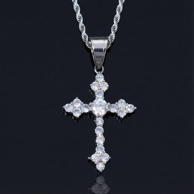 Iced Round Cut Stones Cross Pendant in White Gold