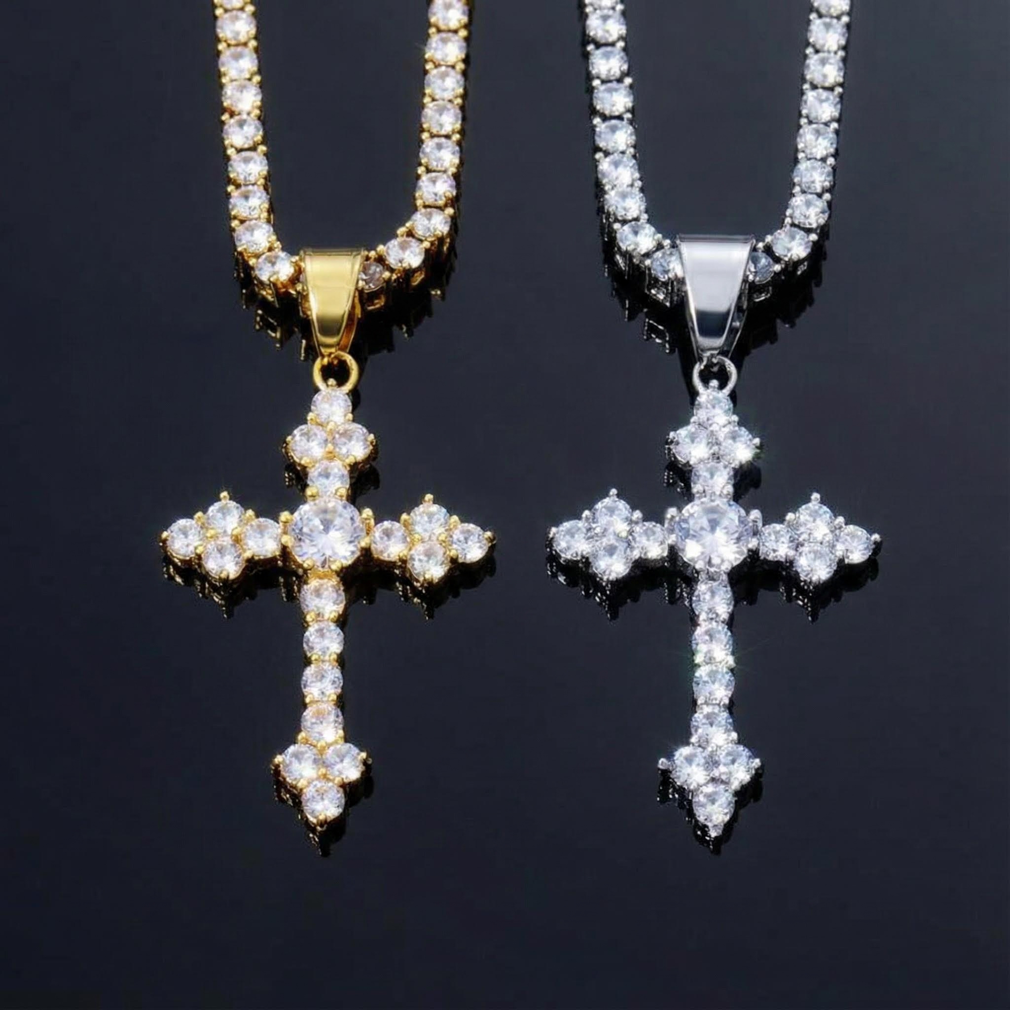 Iced Round Cut Stones Cross Pendant in White Gold