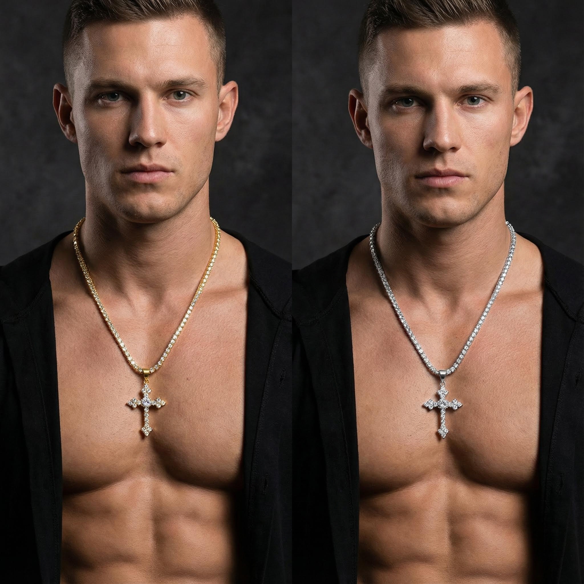 Iced Round Cut Stones Cross Pendant in White Gold