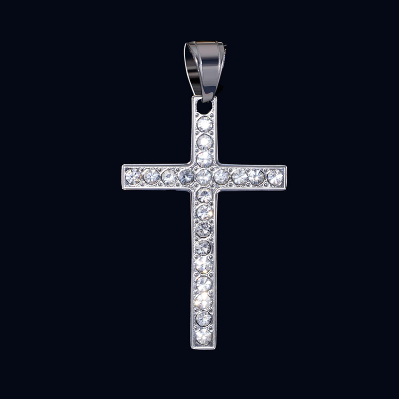 Iced Round Stones Cross Pendant in White Gold