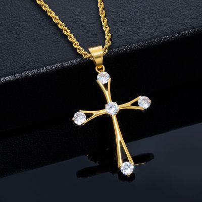 Iced Round Cut Cross Pendant in Gold