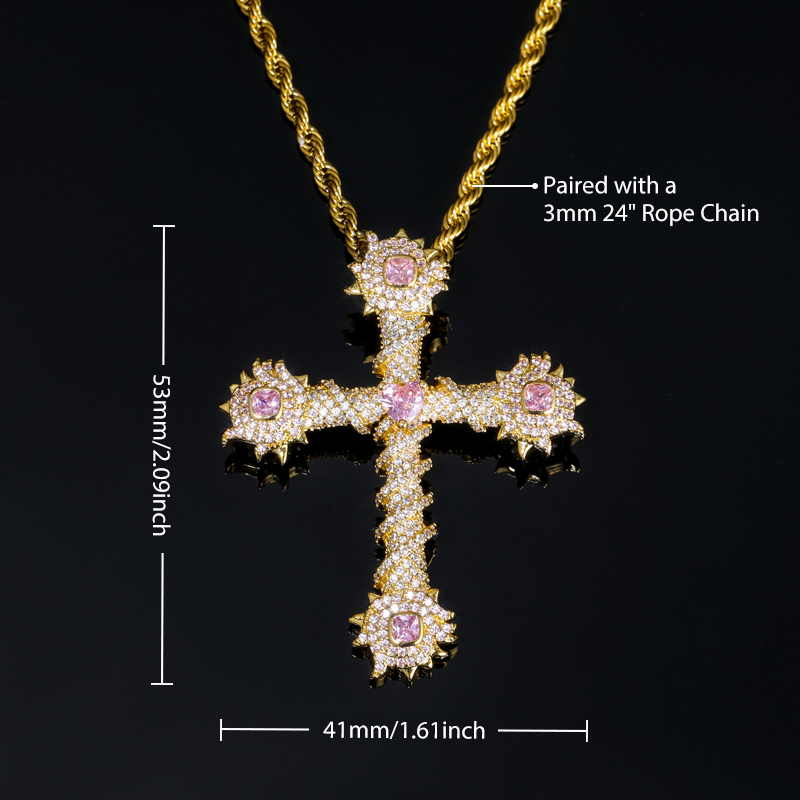Iced Pink Heart Cross of Thorns Pendant in Gold