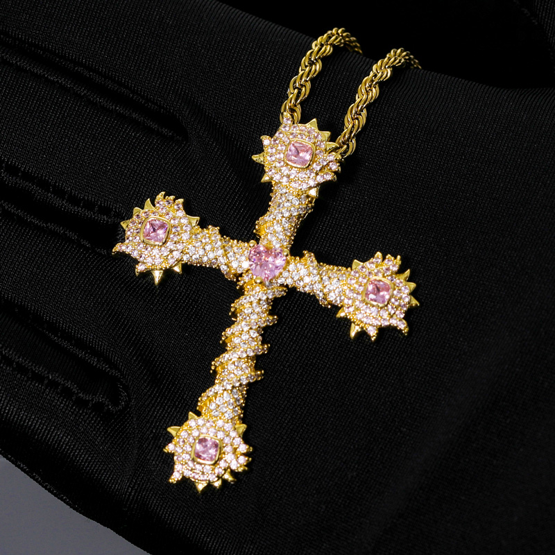 Iced Pink Heart Cross of Thorns Pendant in Gold