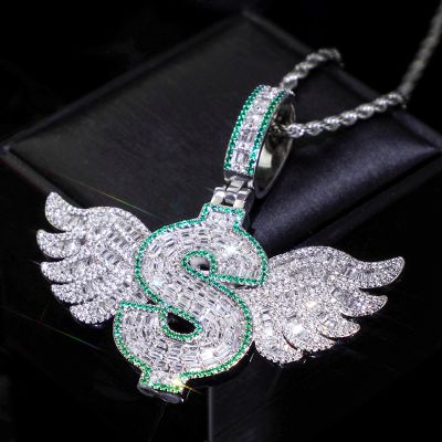 Iced Dollar Sign Pendant with Baguette Angel Wings