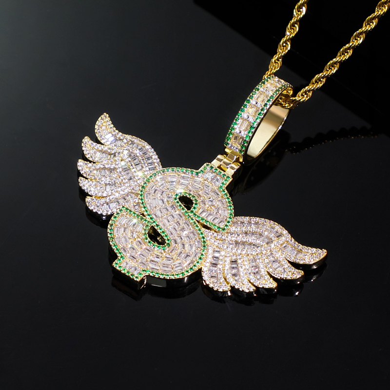 Iced Dollar Sign Pendant with Baguette Angel Wings