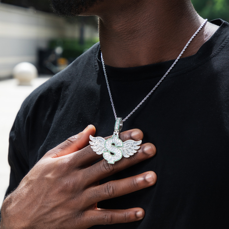 Iced Dollar Sign Pendant with Baguette Angel Wings