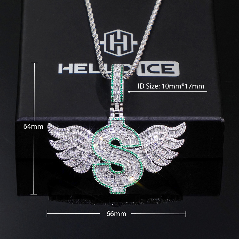 Iced Dollar Sign Pendant with Baguette Angel Wings