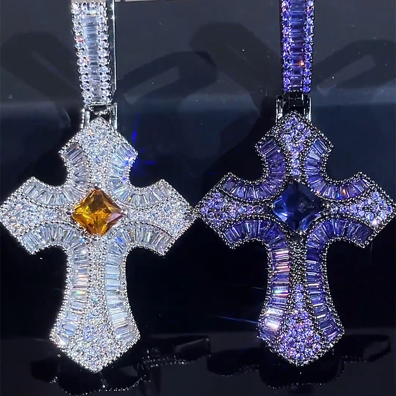 Iced Purple/Fancy Baguette Christian Cross Pendant