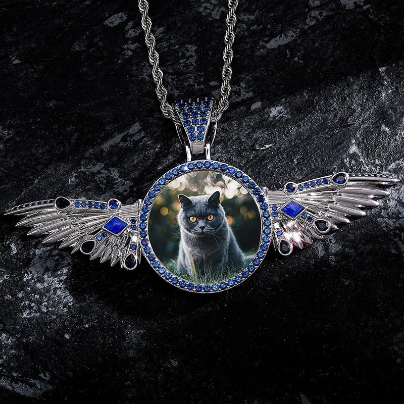 Blue Iced Extendable Angels Wings Custom Photo Pendant