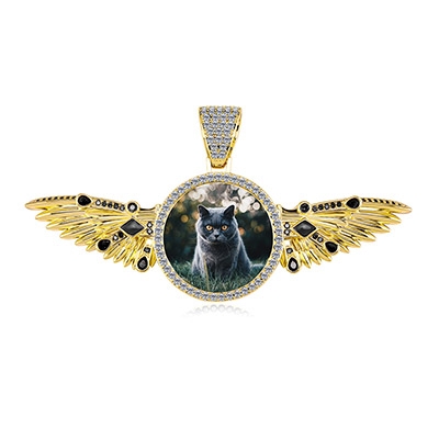 Black Iced Extendable Angels Wings Custom Photo Pendant in Gold