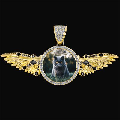 Black Iced Extendable Angels Wings Custom Photo Pendant in Gold