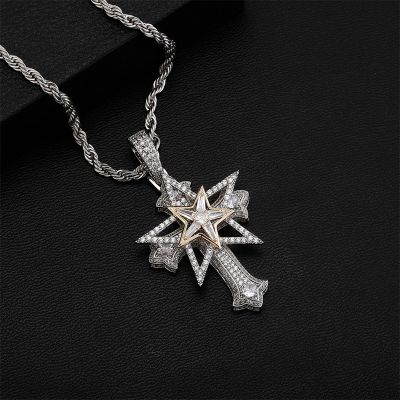 Iced Rotatable Five-pointed Star Cross Pendant