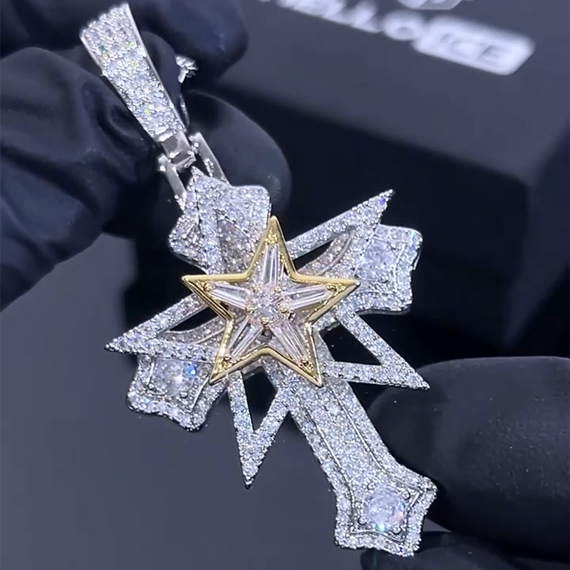 Iced Rotatable Five-pointed Star Cross Pendant