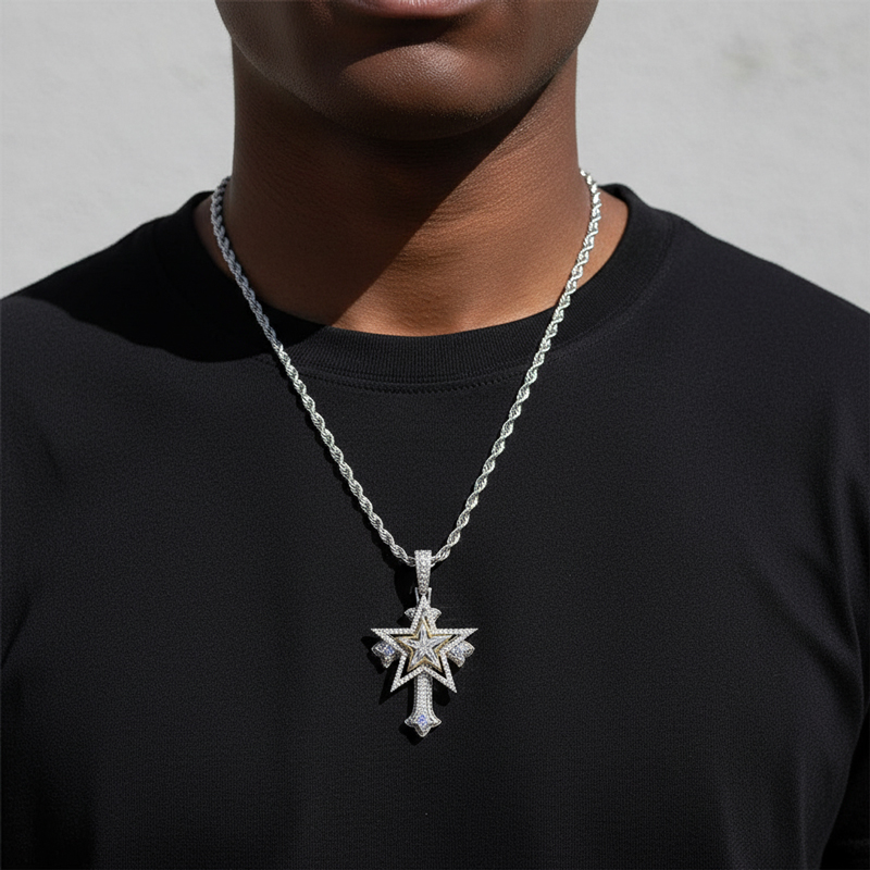 Iced Rotatable Five-pointed Star Cross Pendant Iced Rotatable Five-pointed Star Cross Pendant