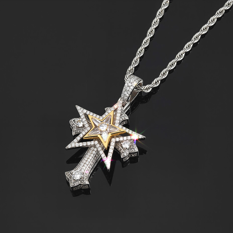 Iced Rotatable Five-pointed Star Cross Pendant Iced Rotatable Five-pointed Star Cross Pendant