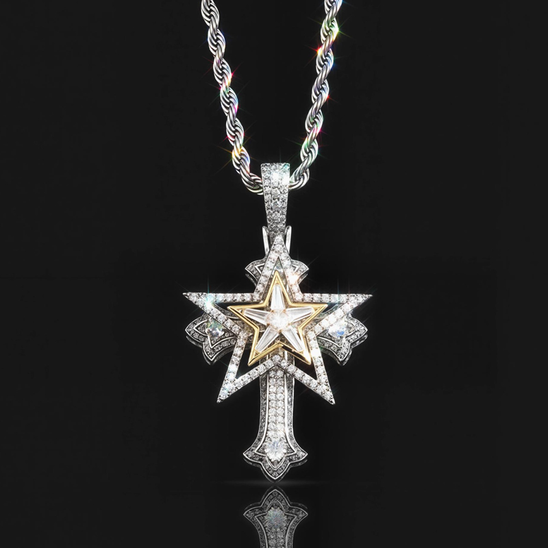 Iced Rotatable Five-pointed Star Cross Pendant Iced Rotatable Five-pointed Star Cross Pendant