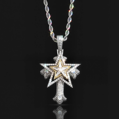 Iced Rotatable Five-pointed Star Cross Pendant