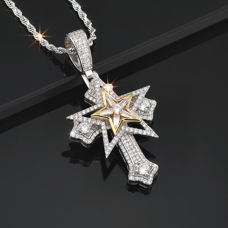 Iced Rotatable Five-pointed Star Cross Pendant Iced Rotatable Five-pointed Star Cross Pendant