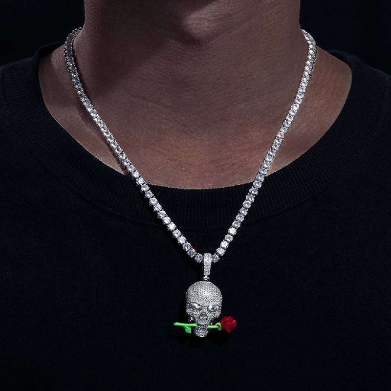Iced Skull Head with a Luminous Rose Pendant